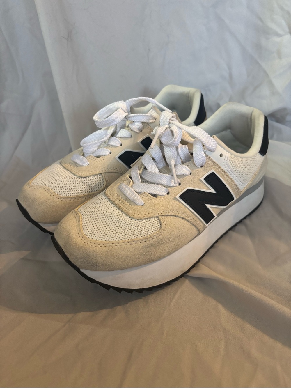 New Balance White and Navy Platform Sneakers
